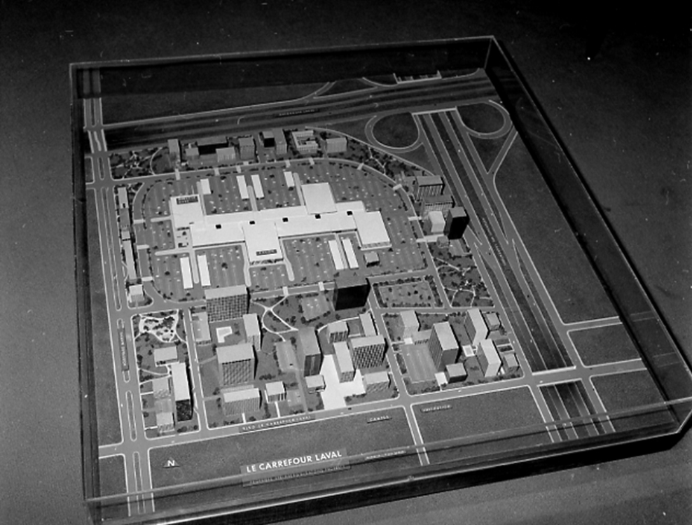 Black and white photograph of a model of Carrefour Laval.