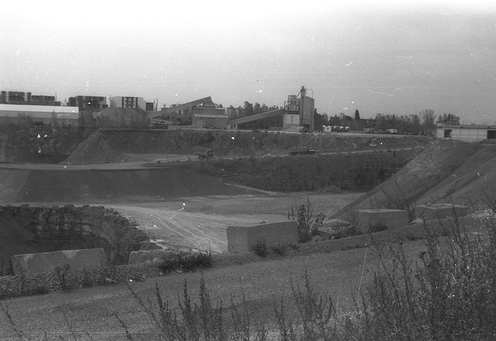 Black and white photograph of a stone quarry.