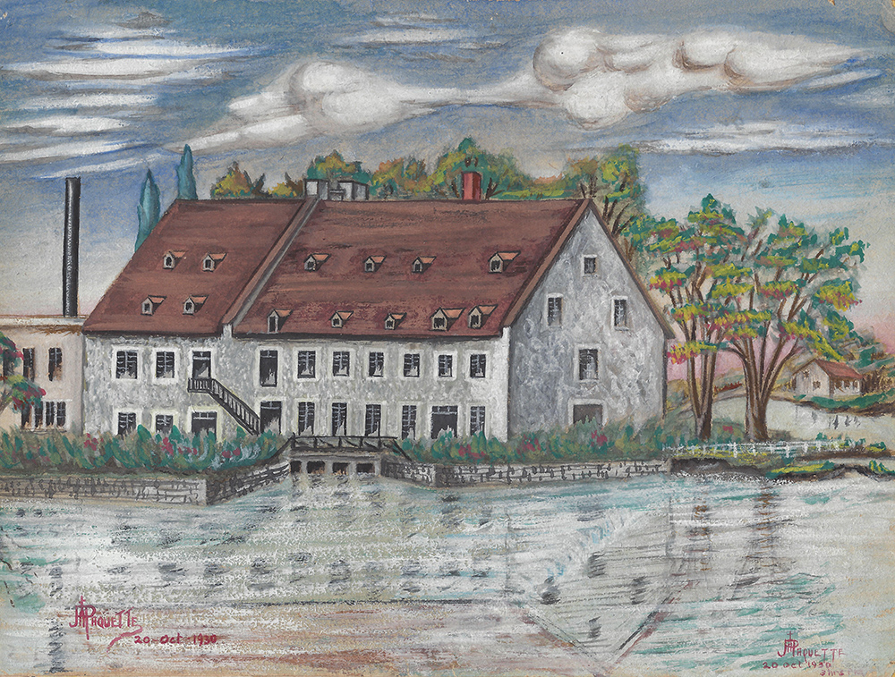 Watercolour painting of the Du Crochet Mill in Saint-François-de-Sales. It is a large white building with a brown roof located beside a river.