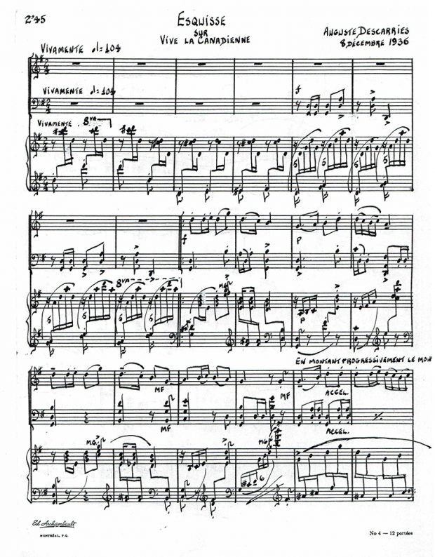 Page of the handwritten music score entitled Esquisse sur Vive la Canadienne.