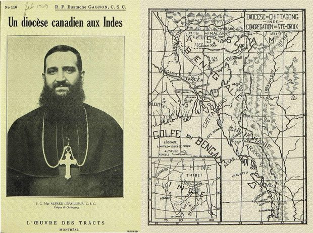 Montage of the cover of a booklet on which there is a picture of Bishop Alfred LePailleur, as well as a geographical map of Bengal in the 1920s.