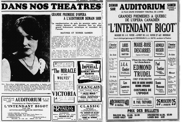 Newspaper clipping. This is the advertisement for the opera l'Intendant Bigot and the black and white picture of Marie-Rose Descarries.