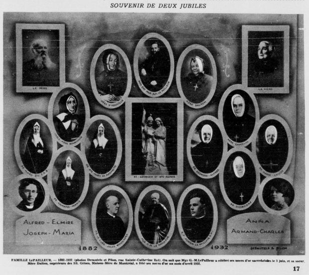Excerpt from a black and white newspaper. It is a montage with 15 inset photos of men and women in religious orders and, in the upper corners, pictures of Alfred-Narcisse and his wife Philomène.