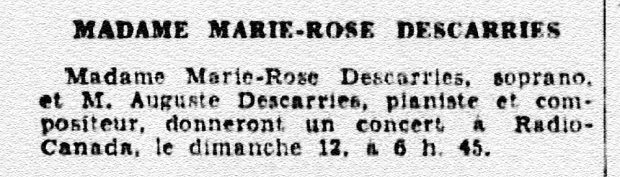 Extract from a newspaper announcing a show by Marie-Rose and Auguste Descarries.