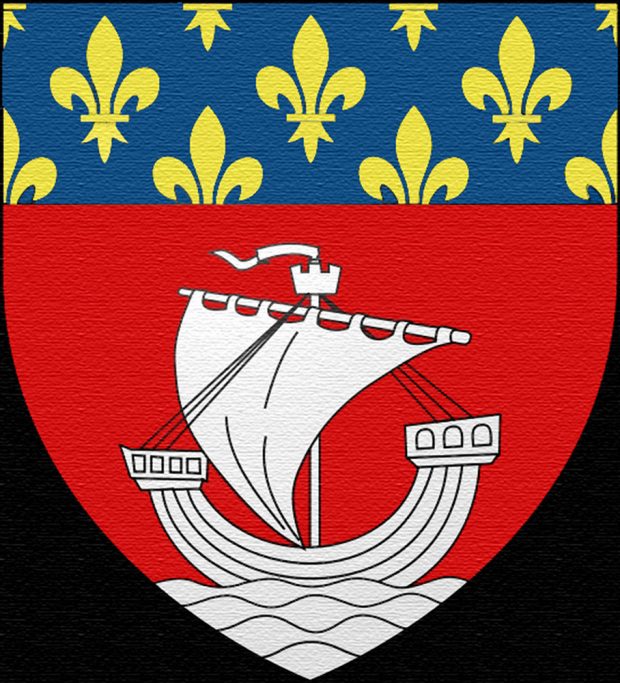 LePailleur coat of arms. The top of the shield is blue with yellow fleurs-de-lis and the bottom is red with a white sailboat.