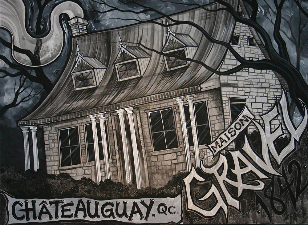 Painting by artist Stéphane Poirier representing the Maison Gravel. The image is in black and white and the building is surrounded by trees and shrubs.