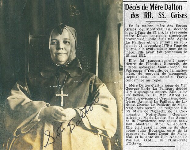 Montage of a black and white picture of Sister Agnès LePailleur and her death notice published in the newspaper.