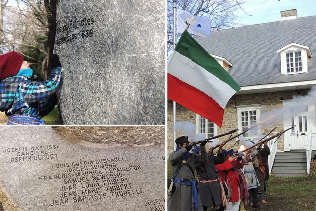 Picture montage showing the monument in honor of the Chateauguay patriots in front of the Maison LePailleur and historical re-enactors performing ceremonial shootings during the National Patriots' Day commemorations.