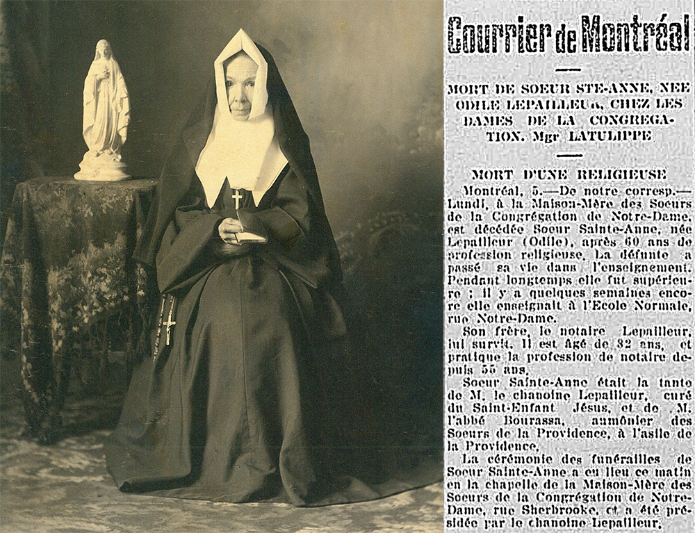 Montage avec une photo de Soeur Sainte-Anne née Odile LePailleur dans ses vêtements religieux. Elle est assise dans un décor de studio photo, une statue de la Vierge à ses côtés. Il y a une coupure de journal relatant son décès .