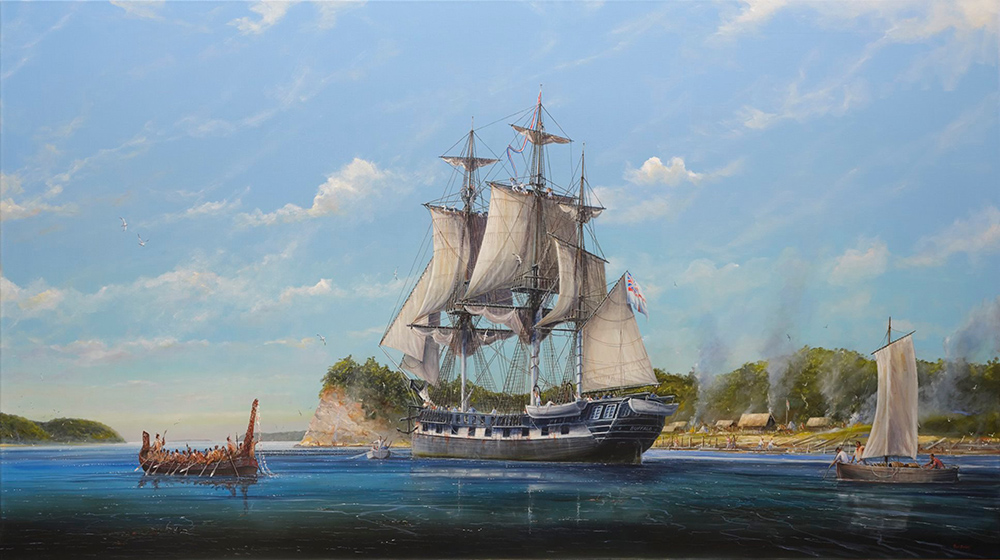 Painting representing the three-masted ship HMS Buffalo. It is moored. Two small boats are near it and a village is in the background.