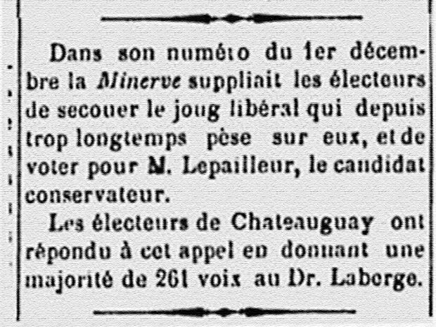 Excerpt from the newspaper Le Progrès de Valleyfield of December 9, 1881 where the elections are mentioned.
