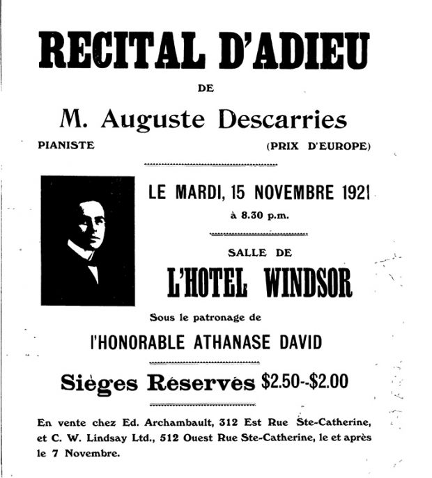 Black and white poster announcing a show by Auguste Descarries in 1921.