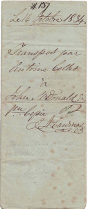 Greenish page of a notarized document written by Joseph-Narcisse Cardinal. There are several stains on the documentand the ink is brownish.
