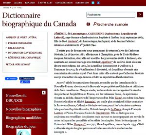 Screenshot of the page on Catherine Jérémie in the Dictionary of Canadian Biography.