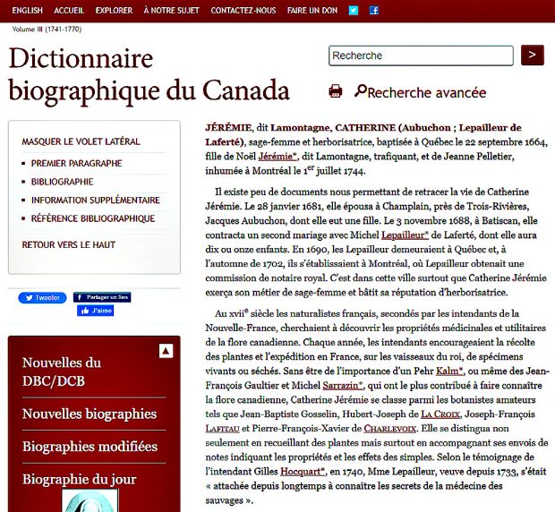 Screenshot of the page on Catherine Jérémie in the Dictionary of Canadian Biography.