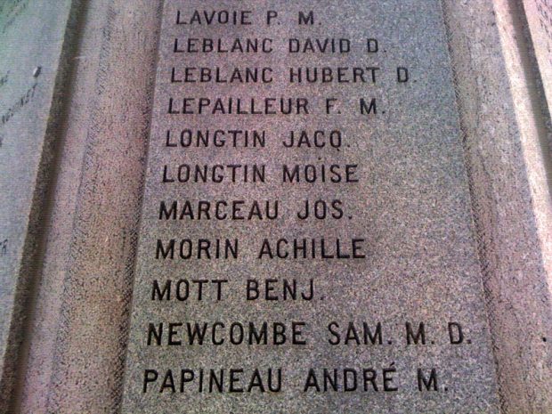 Picture of a section of a monument in honor of the patriots on which 11 names are inscribed, including that of François-Maurice LePailleur.