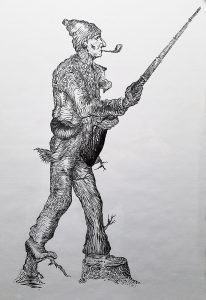 Illustration à l'encre noire. L'artiste reprend l'image du Vieux de 37 réalisée par Henri Julien mais le personnage est représenté comme un arbre. Il porte une tuque, a une pipe à la bouche et un fusil dans les mains. Ses pieds sont fixés à des souches d'arbres.