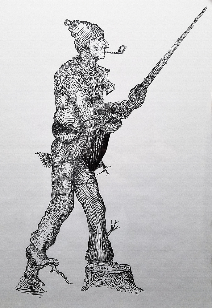 Illustration in black ink. The artist was inspired by the image of the Vieux de 37 made by Henri Julien but the character is represented as a tree. He is wearing a hat, has a pipe in his mouth and a rifle in his hands. His feet are attached to tree stumps.