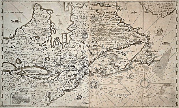 Map of New France in sepia color. There is a compass rose to indicate the cardinal points.