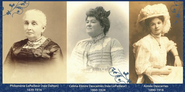 Montage of 3 pictures. On the left is the portrait of Philomène Dalton, in the center, that of Célina-Elmire LePailleur and on the right, that of Aimée Descarries. A blue border with flower motifs frames the whole. Their names and their years of birth and death are at the bottom.