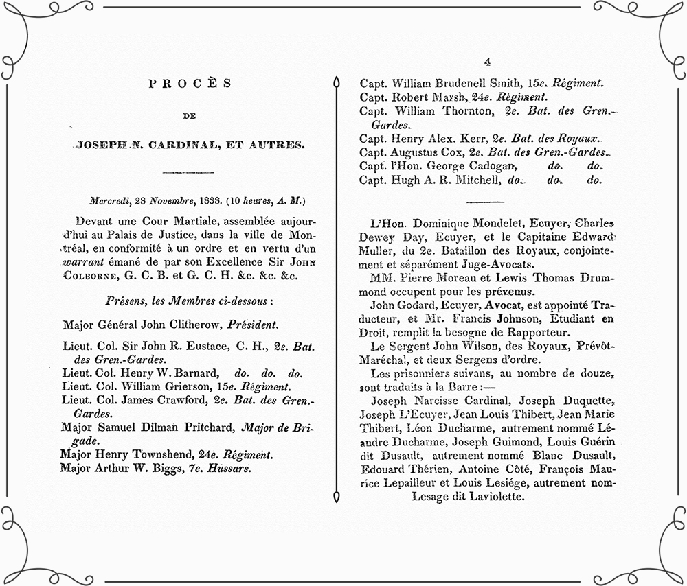 Montage of two pages of the transcripts of the 1839 trial of the patriots.