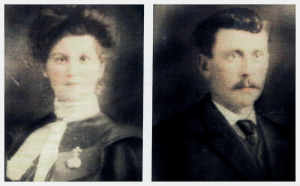 Head and shoulders photos of a woman wearting a brooch and a man with moustache