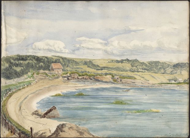 Watercolour painting of a curved sandy beach, with a wooden fence along the back edge and a house in the middle distance, with a clouded sky looming over.