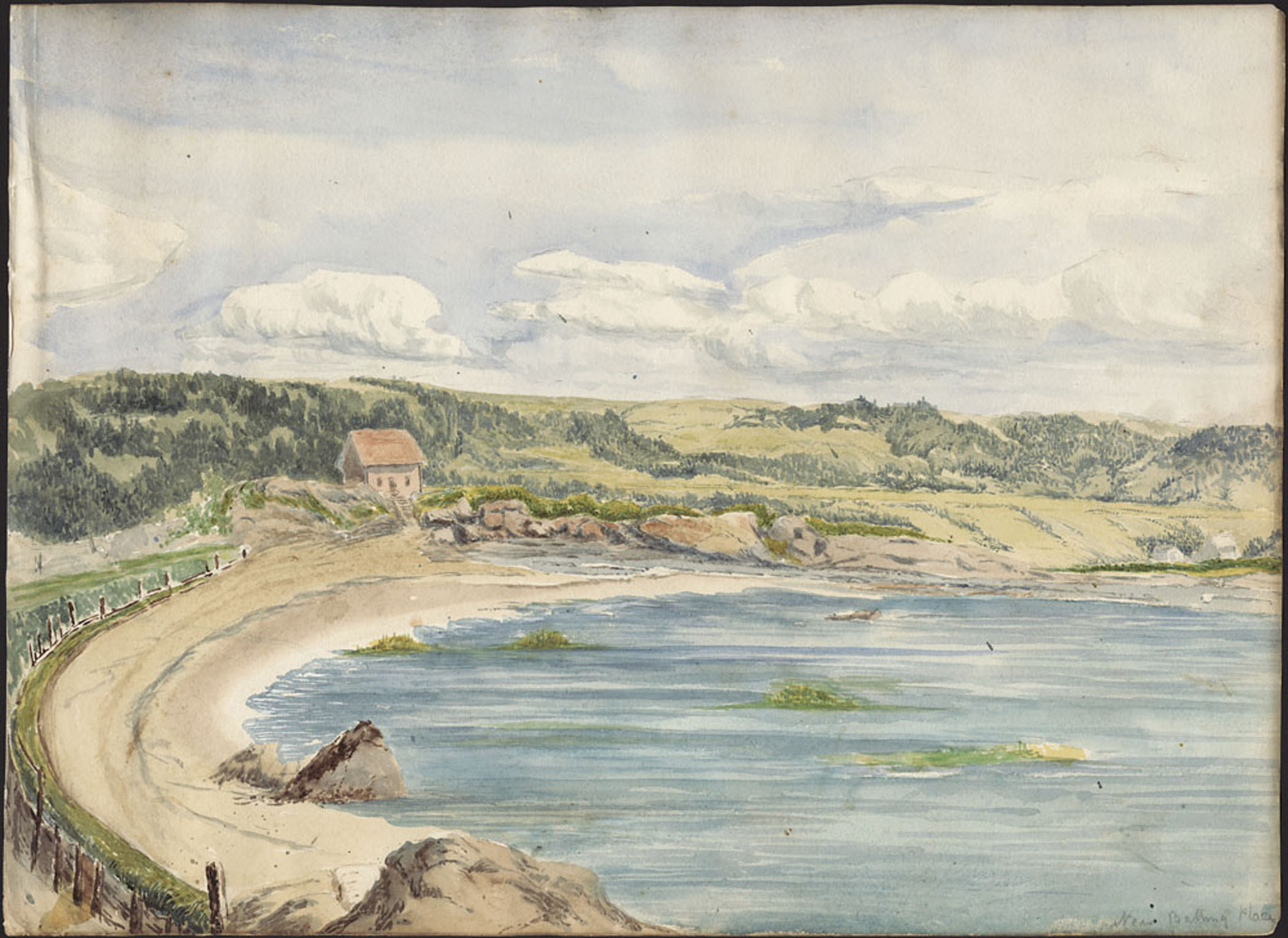 Watercolour painting of a curved sandy beach, with a wooden fence along the back edge and a house in the middle distance, with a clouded sky looming over.