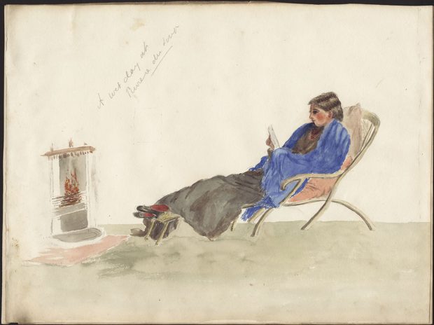 Watercolour image of a young dark-haired woman reclining on a chair with her feet up resting on a footstool in front of a fireplace. A blue shawl covers her shoulders and arms; she is reading a book.