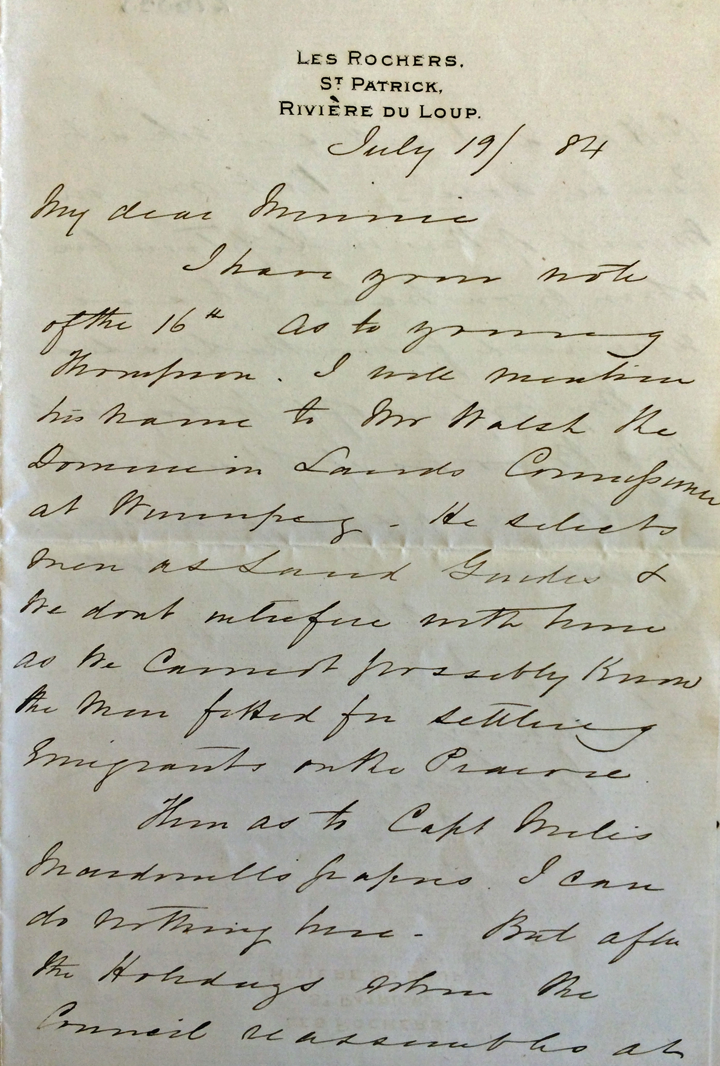 A photograph of a hand-written letter dated July 19, 1884.