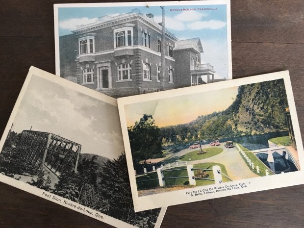 A photograph of three hand-coloured postcards overlapped on a table, each depicting different scenes around Rivière-du-Loup.