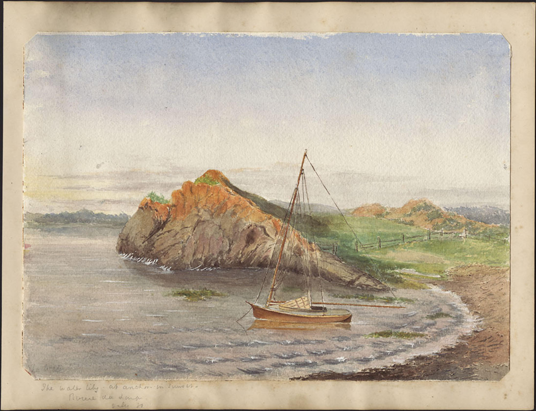 Watercolour painting of an inlet on a river, with an anchored small sailboat near the shoreline and a large rocky outcrop behind it.