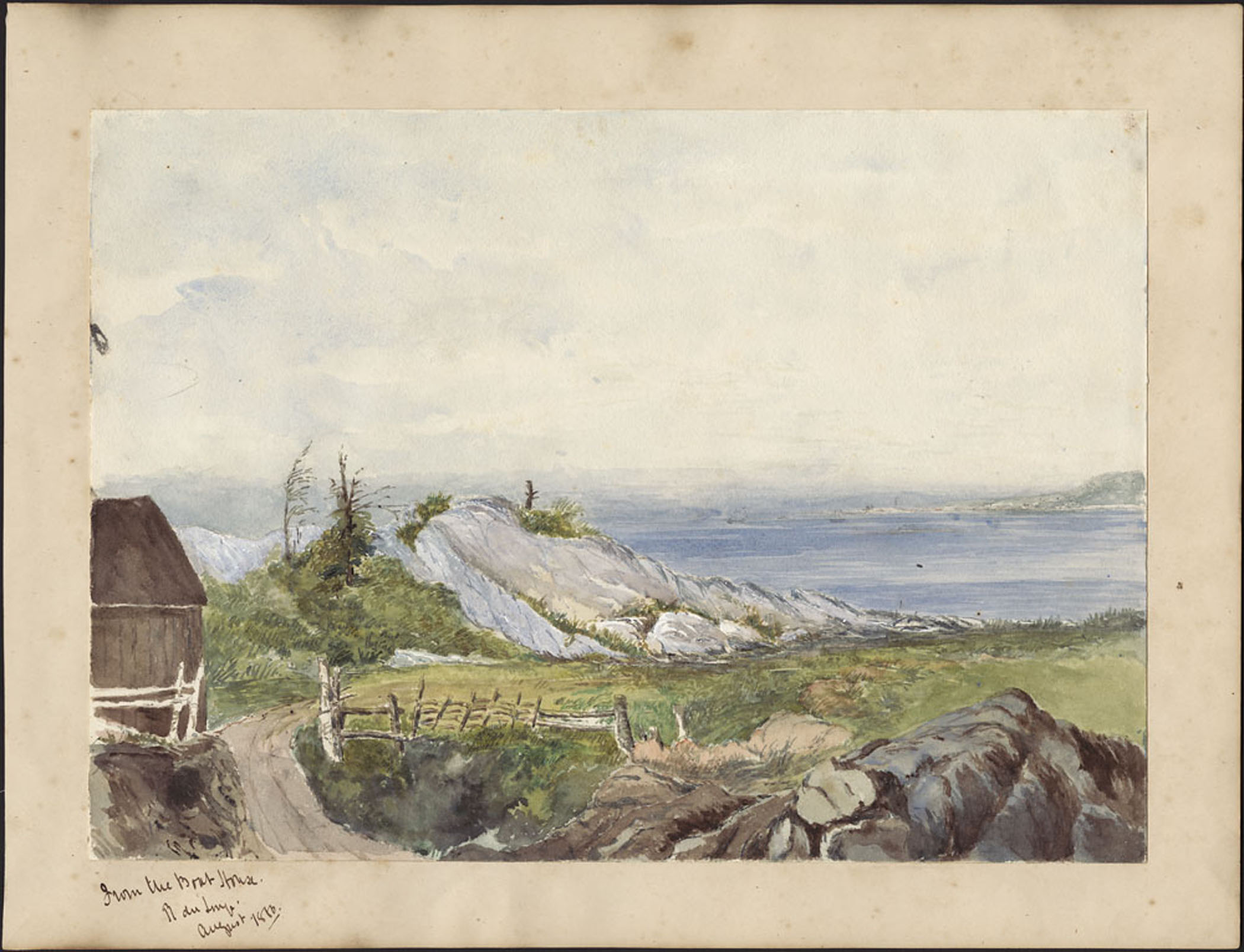 Watercolour painting of a river scene depicting part of a wooden building, a pathway, rocky outcrops, a wooden fence, and the Saint Lawrence River in the distance.
