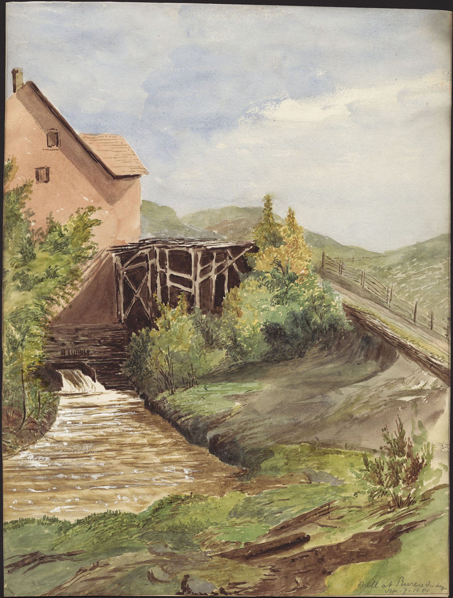 Watercolour painting of part of a tall building from the bottom of which a chute of water gushes into a waterway. A wooden structure is erected next to the building and shrubs grow next to the structure.