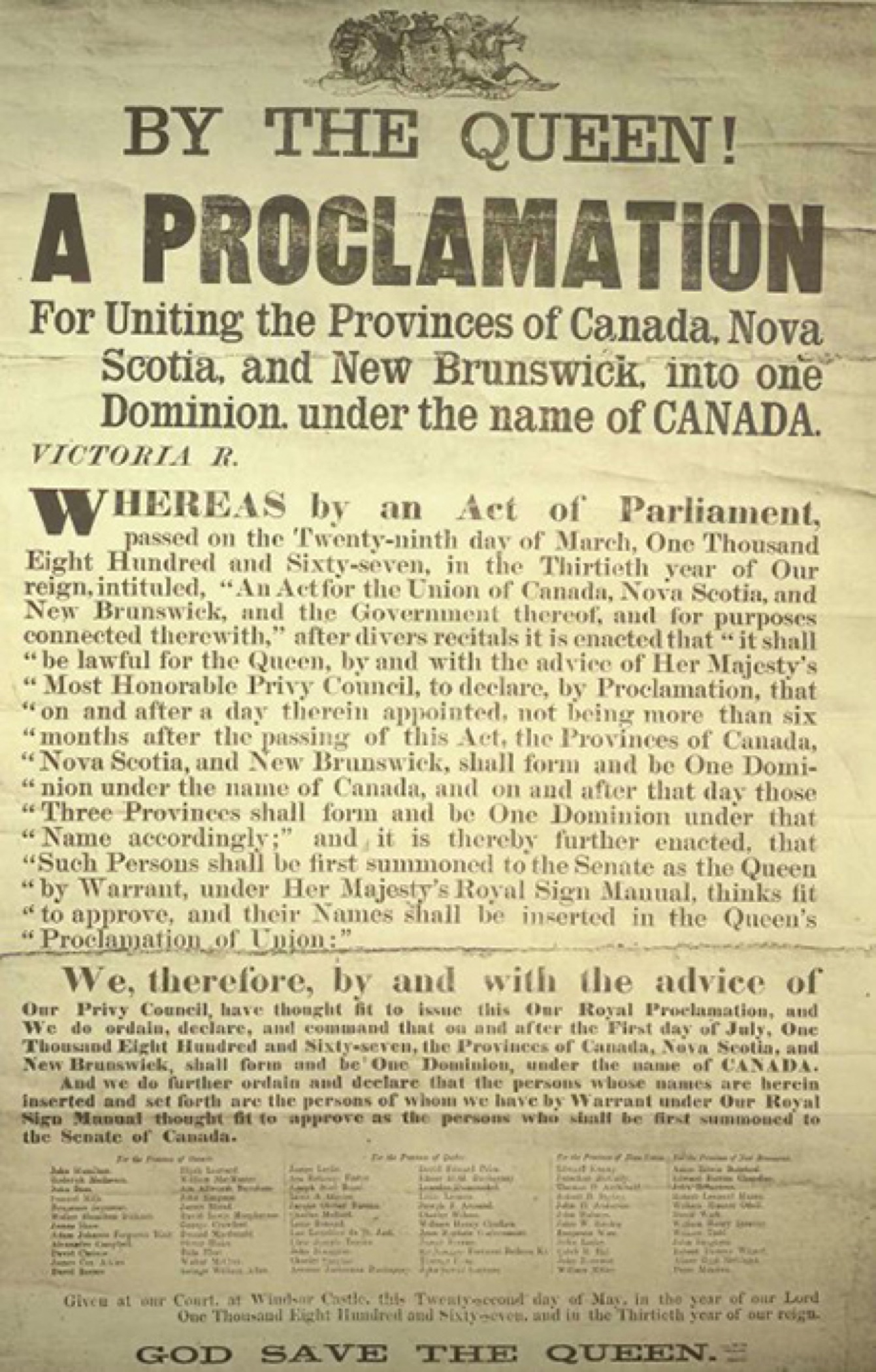 A photo of the poster announcing Queen Victoria's proclamation creating the Dominion of Canada, July 1, 1867.