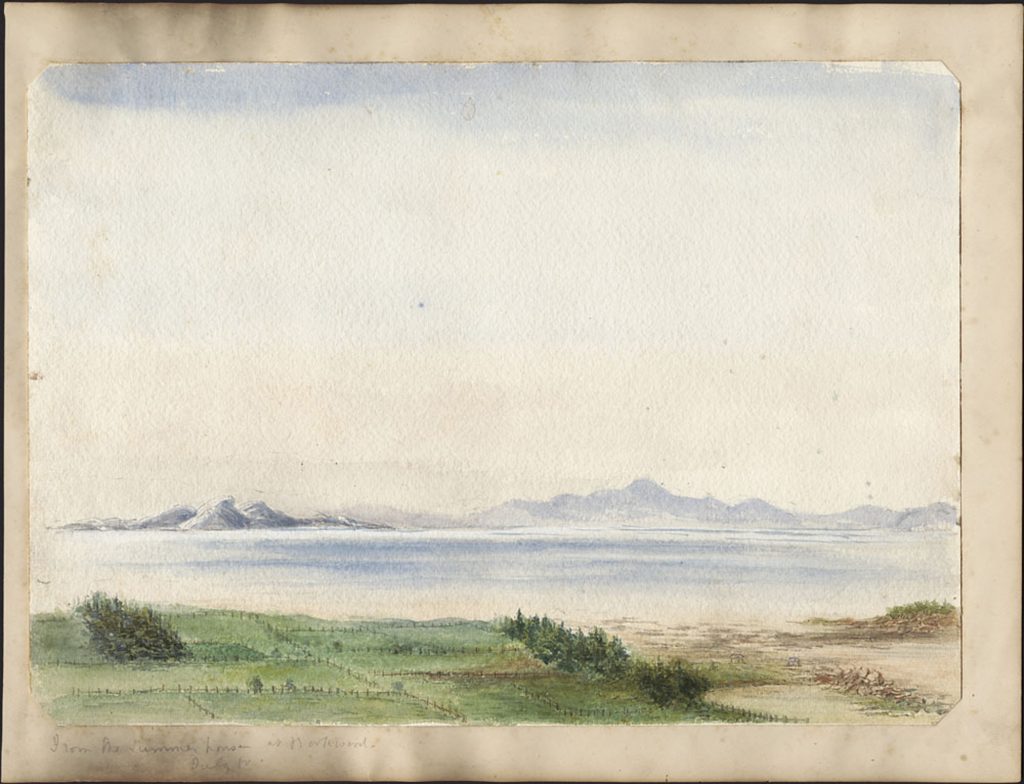 Watercolour of fields divided by fences and treelines, with a wide river and mountains in the distance.