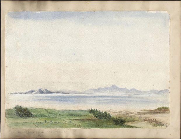 Watercolour of fields divided by fences and treelines, with a wide river and mountains in the distance.