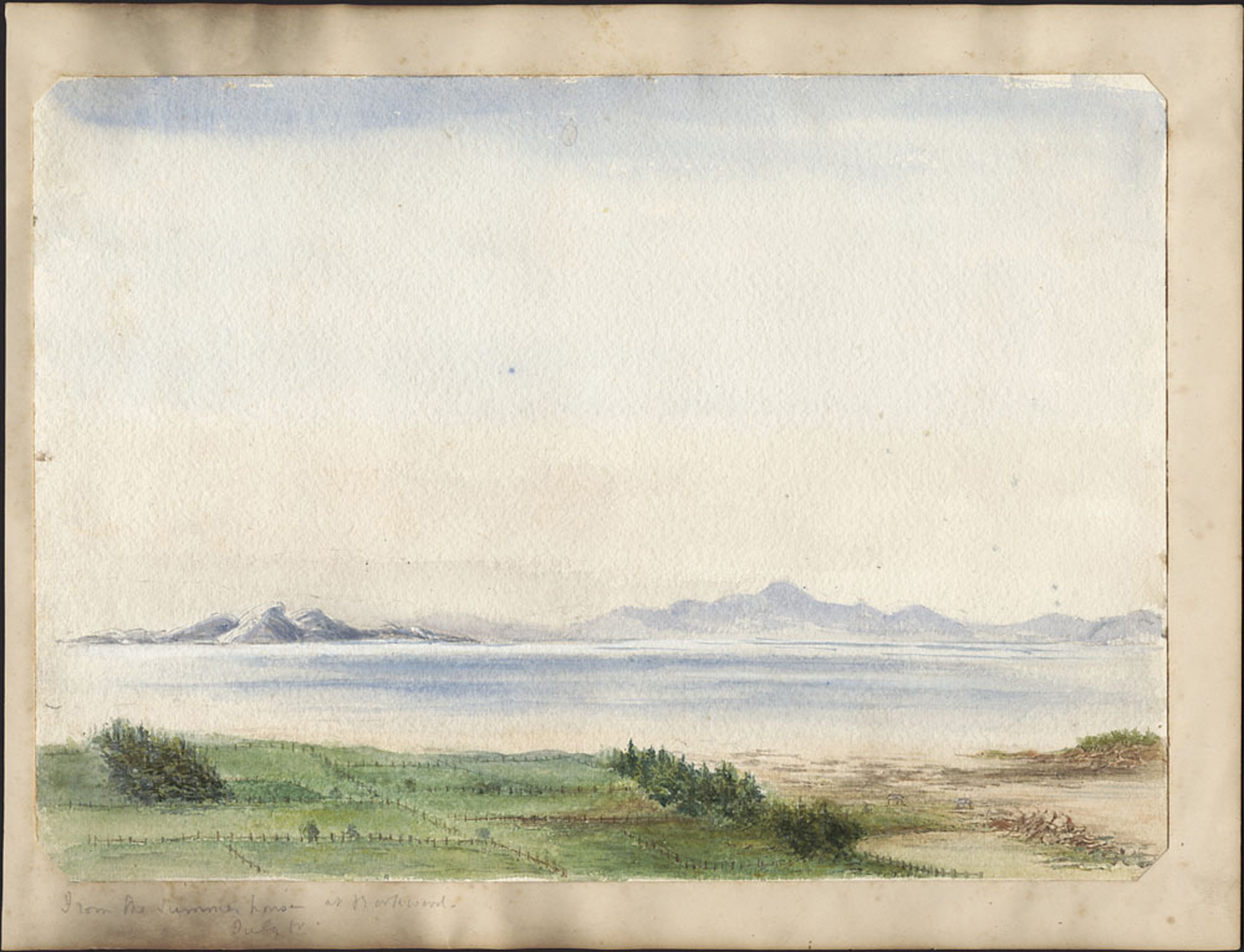 Watercolour of fields divided by fences and treelines, with a wide river and mountains in the distance.