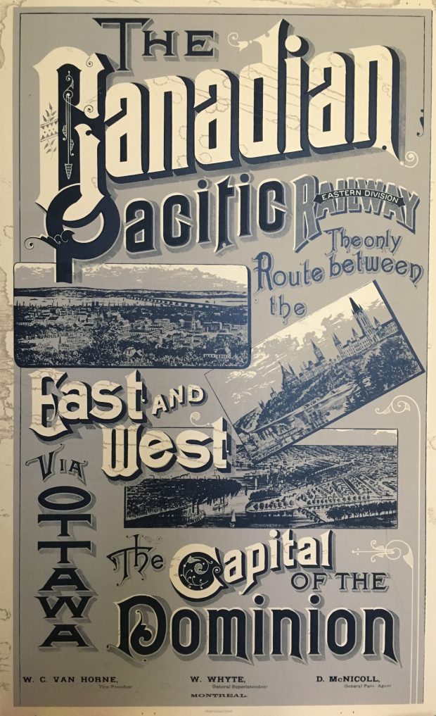 Photo of a black and white poster advertising the Canadian Pacific Railway, featuring large lettering and three photographs of Ottawa.