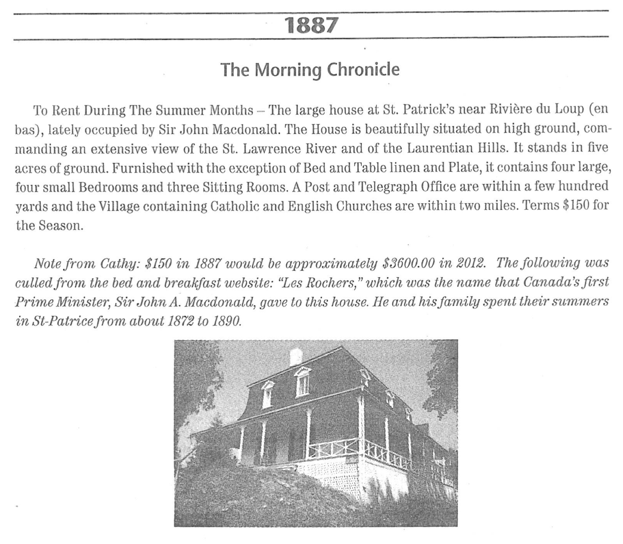 A photocopy of a listing in a newspaper (the Quebec Morning Chronicle) advertising a house for rent (Villa Les Rochers), with a photo of the house attached.