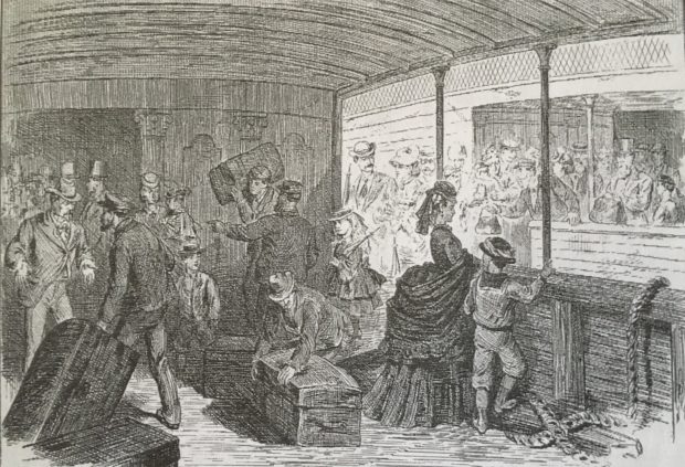 A black and white drawing or etching, depicting groups of travellers in Victorian clothing, men, women and children in various acts of moving furniture, forming queues, departing, arriving, or waiting.