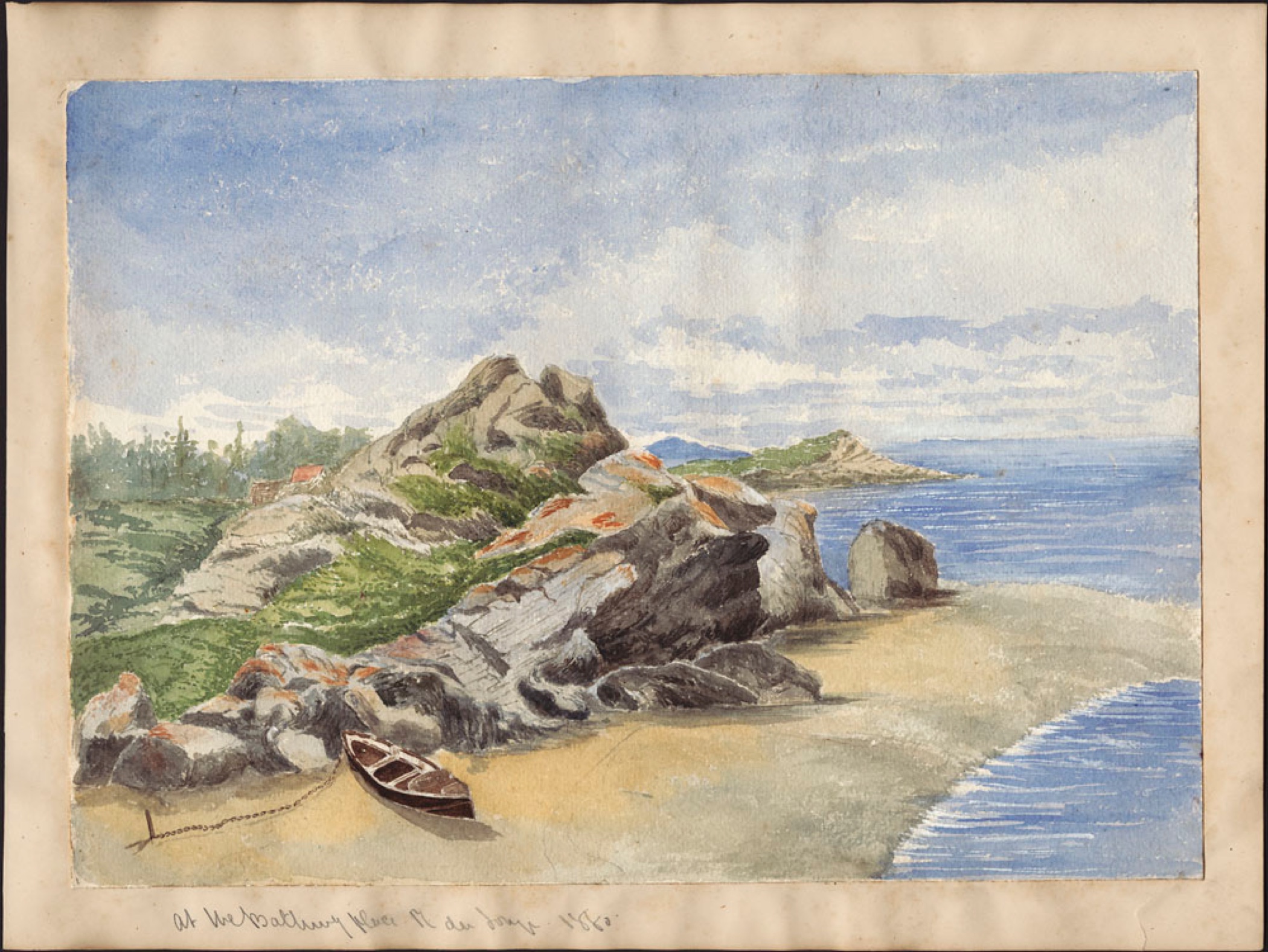 A vibrant watercolour depicting a riverside view looking lengthwise instead of across the river, a rocky outcropping looming over a sandy beach where a canoe is tethered. There are trees in the distance, and undulating clouds.