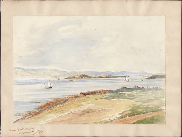 A pale watercolour of a river view, with a dirt road in the foreground, some sailboats on the water, an island and the far shore in the distance, under a colourless sky.
