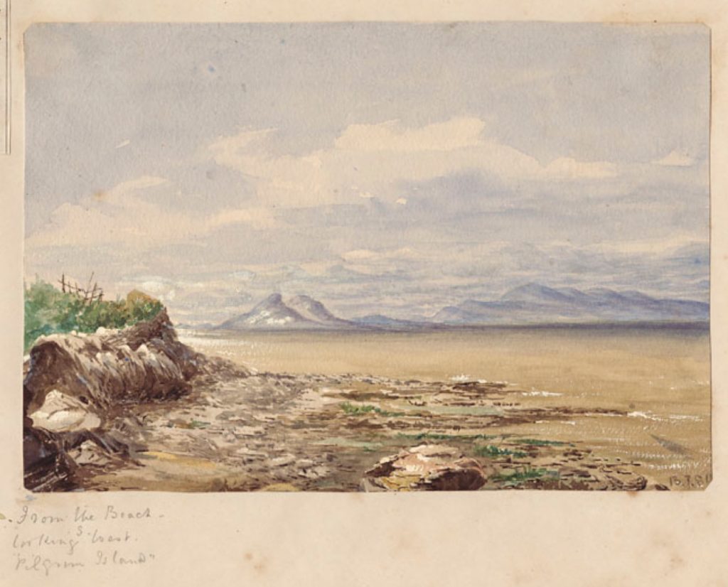 A pale watercolour of a riverside scene, with a rocky outcrop, gentle waves, with hills and islands in the distance, under a semi-clouded sky.