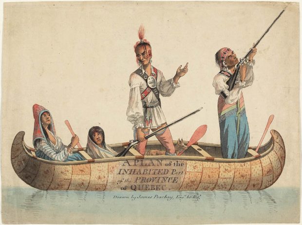A precise and detailed watercolour of four indigenous people; two women, two men, in a birchbark canoe, one of the women holding a paddle and the two men, standing, holding rifles, one of which is aimed upwards and to the right.
