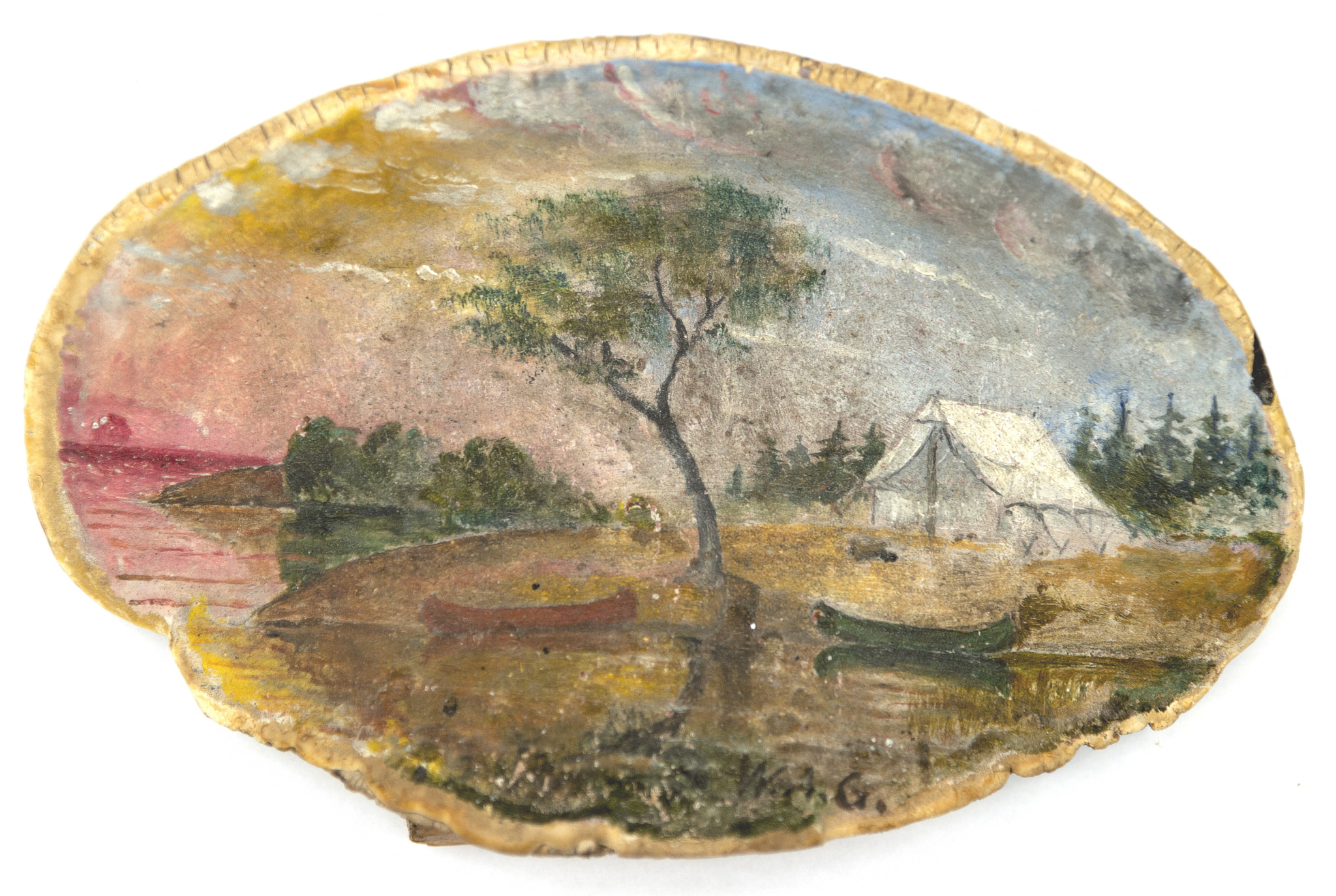 Oil painting on fungus of canoe and campsite