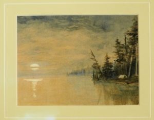 Lakeside scene with tent on shoreline surrounded by trees, and moon rising on horizon.