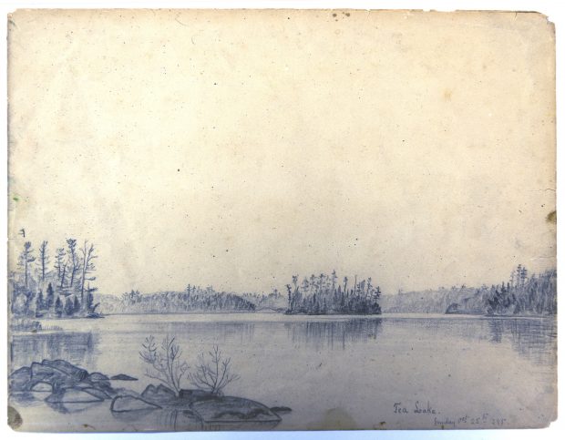 Black-and-white pencil drawing of lake surrounded by trees.