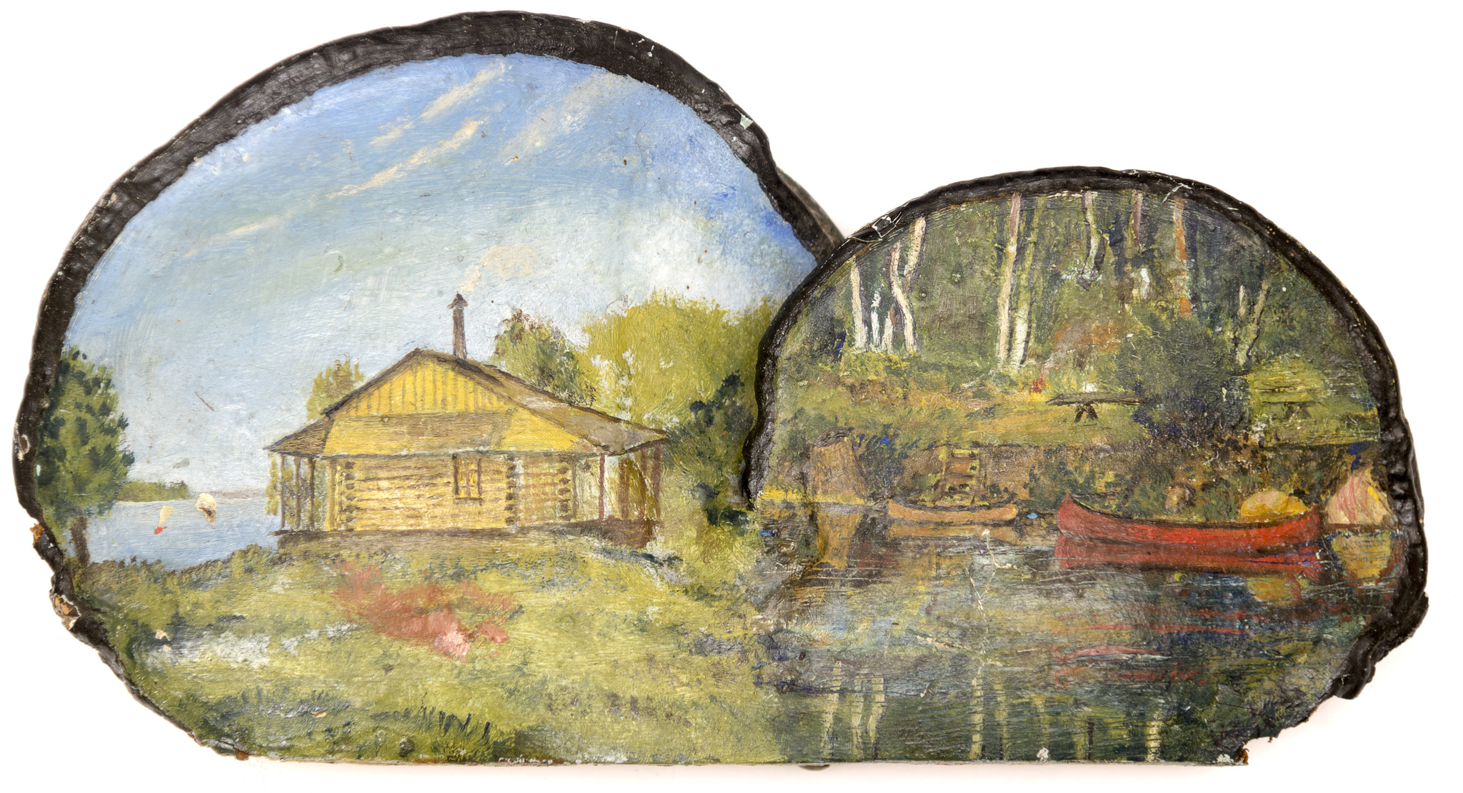 Painted fungus showing lakeside log building on left and canoes in water on right