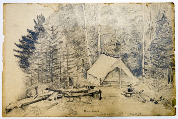 Black-and-white pencil drawing of large tent and assorted camping supplies